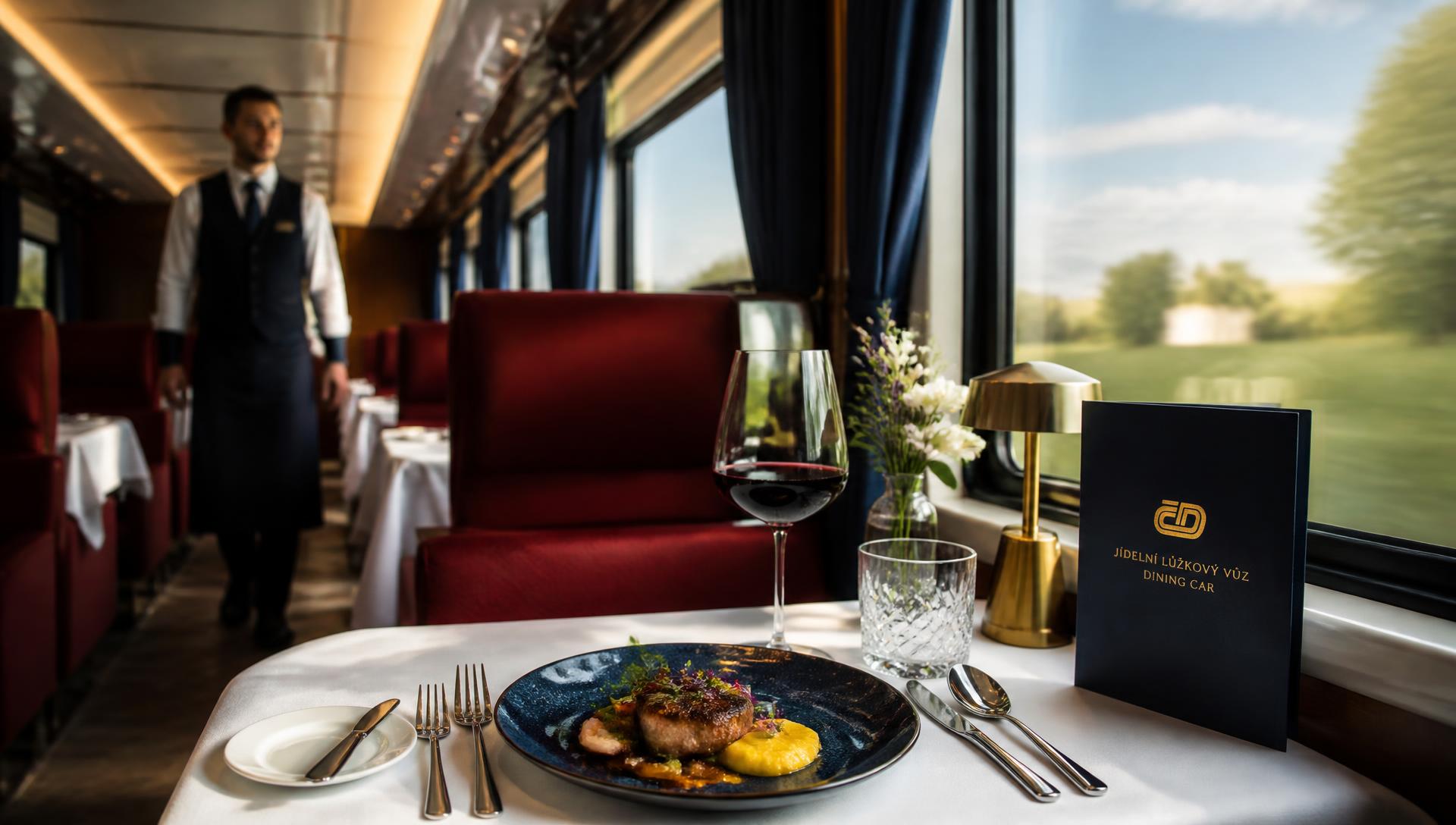 Interiér jídelního vozu ČD Restaurant s prostřeným stolem